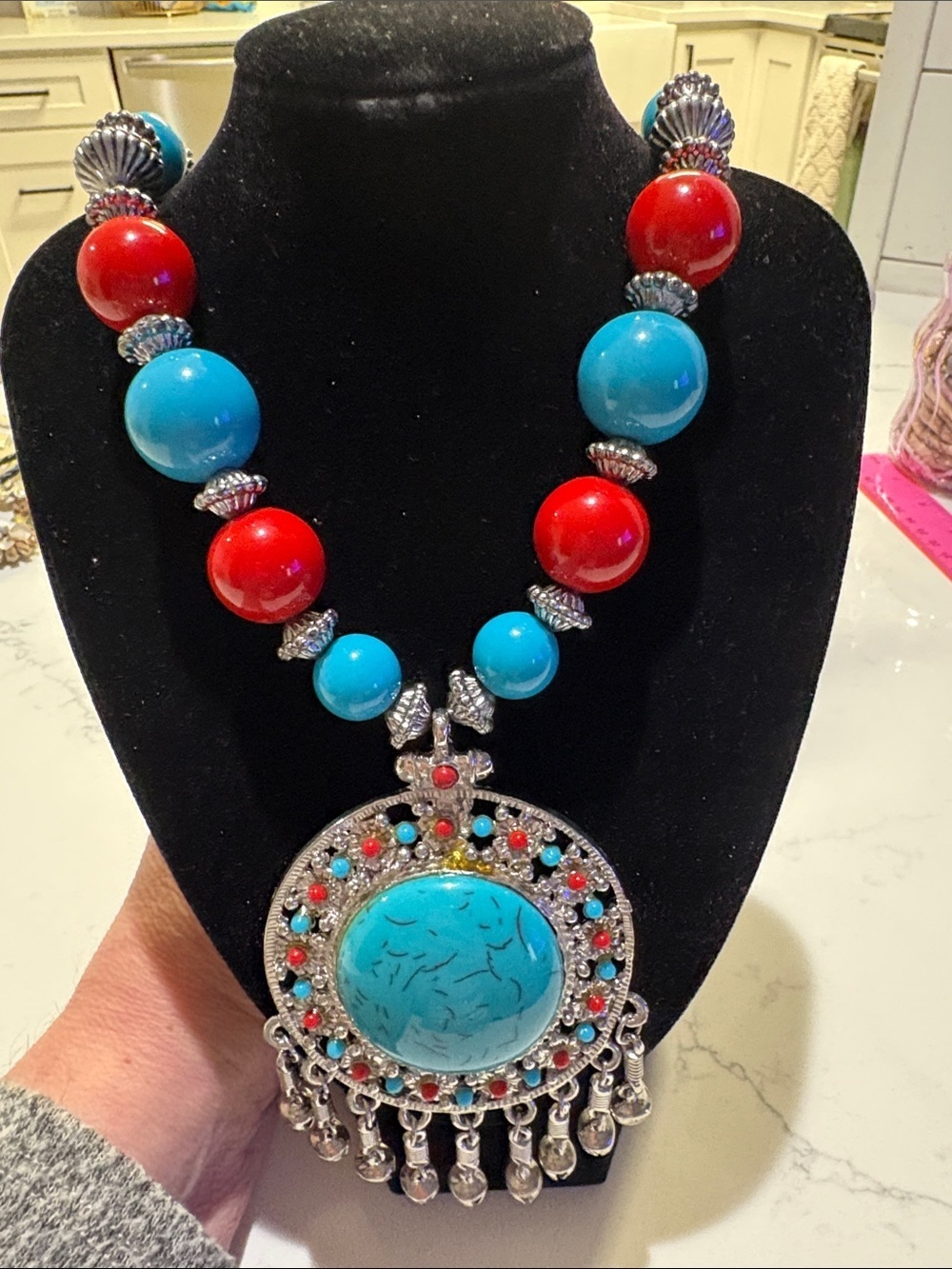 Turquoise & Red Beaded Statement Pendant Necklace - Picture 3 of 5